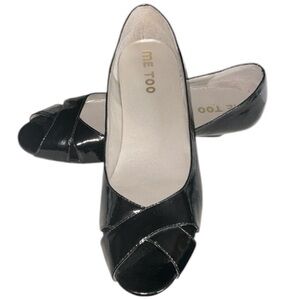 Me Too Summer Kitten Heel Wedge Black Patent Leather Peep Toe Shoes Size 9.5